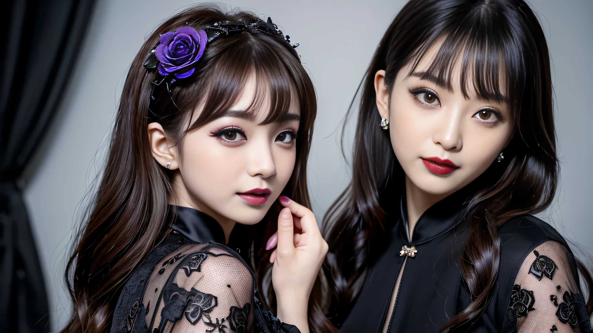 best quality、ultra-detailed、4k、Japanese、Seductive beauty、seductive adult woman、Pretty Woman、cool girl、Villainess、brainwash、Fallen into evil、smirk、Evil look、Wicked Smile、evil、Brown hair、wavy hair、swept bangs、erfly Hair Ornament、dark makeup、dark makeup、piercing eyes、hollow eyes,half-closed eyes、Hollow Eyes、Purple Eyeshadow、black lipstick、black lipglos、Long Black Cheongsam、Wide sleeves、night、inside darkroom、Having lipstick、Engraving a rose pattern、Emblem of Evil、Crest of Darkness、Swear allegiance、I have pledged my allegiance、Dye black、Blackening、Stained with evil、Dyed in darkness、Spread your hands