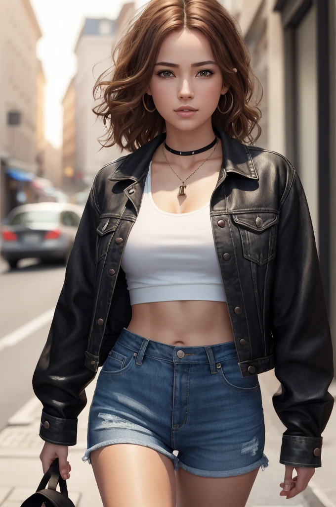((medium breast, tomboy girls, small head)), daylight, sunlight, (chiseled abs : 1.1), (perfect body : 1.1), (short wavy hair : 1.2) , auburn hair, collar, chain, full body shot, crowded street, wearing black tanktop, jeans jacket, ((shorts)), (extremely detailed CG 8k wallpaper), (an extremely delicate and beautiful), (masterpiece), (best quality:1.0), (ultra highres:1.0),  beautiful lighting ,perfect lightning, realistic shadows, [highres], detailed skin, ultra-detailed