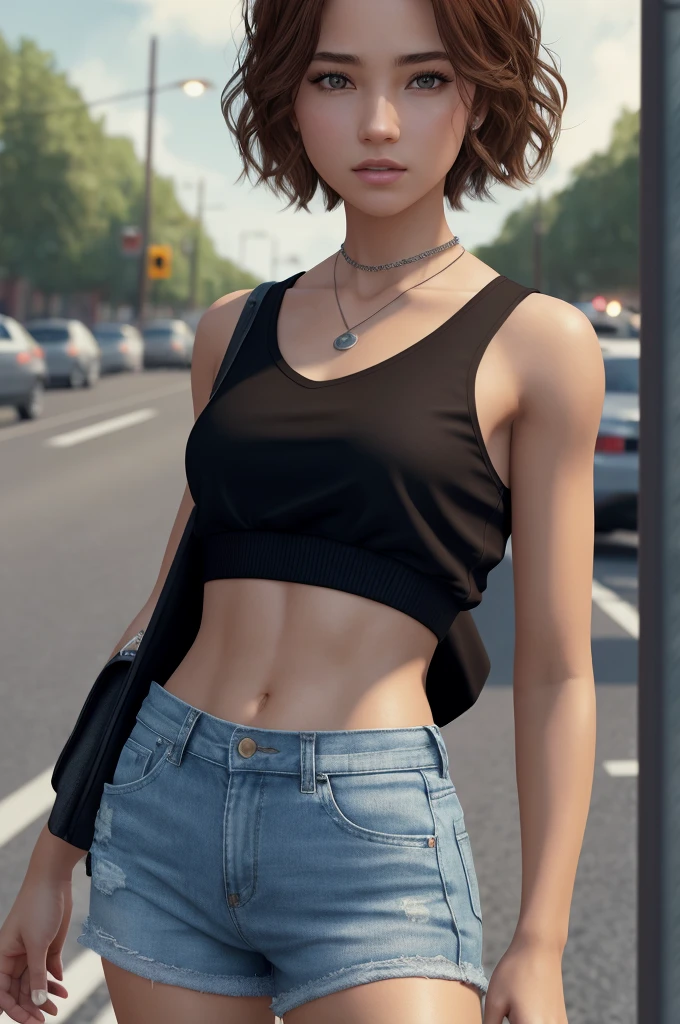 ((medium breast, tomboy girls, small head)), daylight, sunlight, (chiseled abs : 1.1), (perfect body : 1.1), (short wavy hair : 1.2) , auburn hair, collar, chain, full body shot, crowded street, wearing black tanktop, jeans jacket, ((shorts)), (extremely detailed CG 8k wallpaper), (an extremely delicate and beautiful), (masterpiece), (best quality:1.0), (ultra highres:1.0),  beautiful lighting ,perfect lightning, realistic shadows, [highres], detailed skin, ultra-detailed