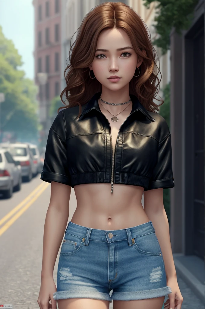 ((medium breast, tomboy girls, small head)), daylight, sunlight, (chiseled abs : 1.1), (perfect body : 1.1), (short wavy hair : 1.2) , auburn hair, collar, chain, full body shot, crowded street, wearing black tanktop, jeans jacket, ((shorts)), (extremely detailed CG 8k wallpaper), (an extremely delicate and beautiful), (masterpiece), (best quality:1.0), (ultra highres:1.0),  beautiful lighting ,perfect lightning, realistic shadows, [highres], detailed skin, ultra-detailed
