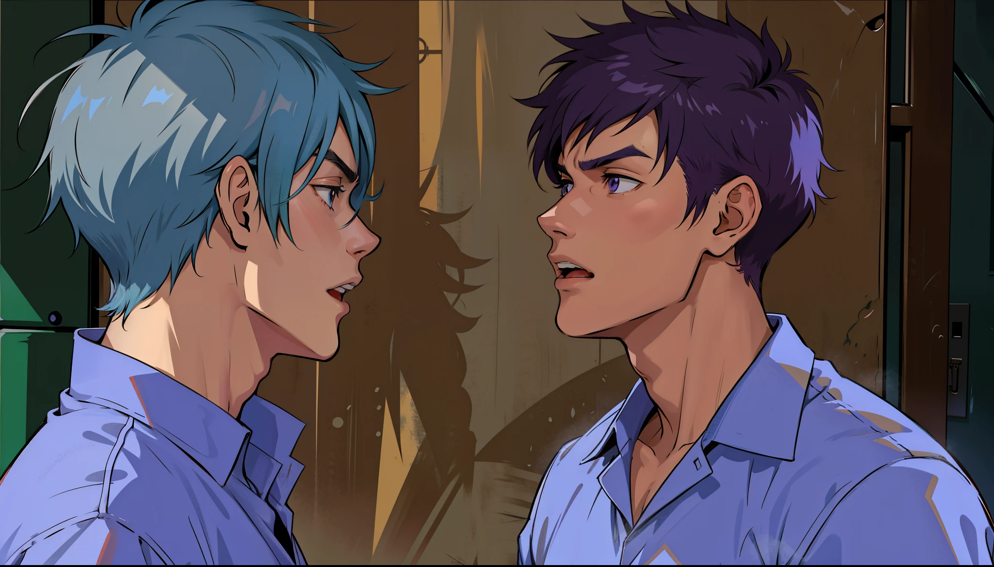 the two boys are arguing fighting they are angry they are yelling at each other teenage anime scene two handsome  boys with purple hair approach each other