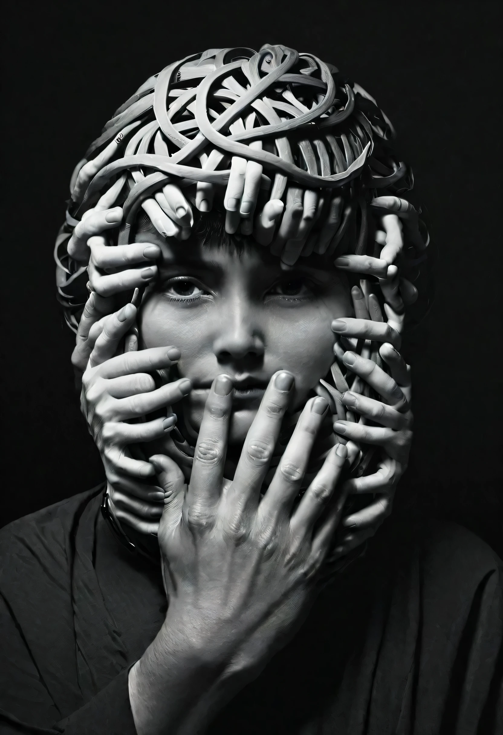 Surreal portrait, human head composed of numerous entwined fingers, rich textures evoking depth, shadowy ambiance highlighting contours, grayscale palette imbuing eerie, mysterious aura, bold "MASTERMIND" caption in stark white, font resonates with stark, enigmatic mood, visual metaphor for complexity, psychological depth, possibly hinting at introspection, intellect, creative thoughts, image strikingly contrasts organic forms with a somber, almost monolithic presence, lighting accentuates finger details, creates an interplay of light and shadow, seamless merging of fingers into head and shoulders suggest unity, an artistic blend of human anatomy with abstract concepts, alluding to themes of identity, mental processes.,