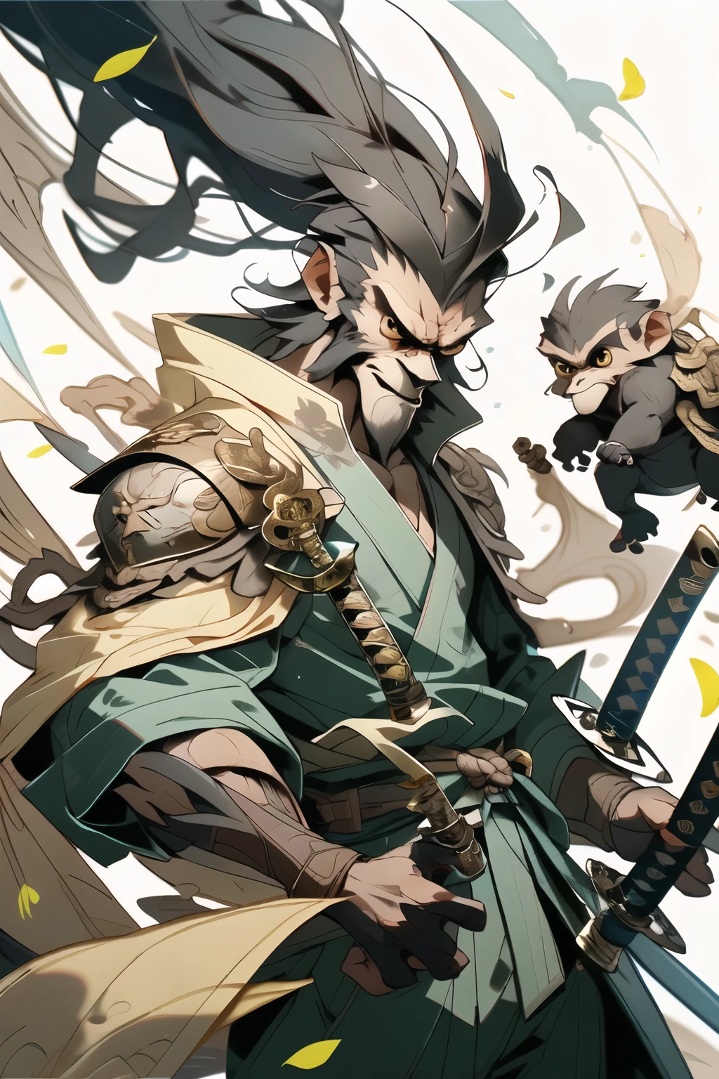 Monkey, (close-up :1.1), Upper body, Weapon, Monkey head, Male focus, sword, single, Japanese costume, Hand held, hand held weapon, katana, Hand held Sword, sheath, long sleeve, number suit, Kimono, suit...
Construction background