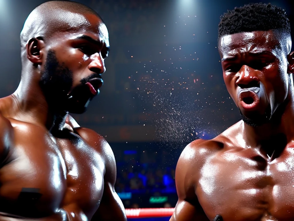 (best quality, 4K, high resolution, masterpiece:1.2), ultra-detailed, realistic, boxing match, intense cross straight, distorted face, sweat flying off, mouthpiece, cornering opponent, on the brink of knockdown
