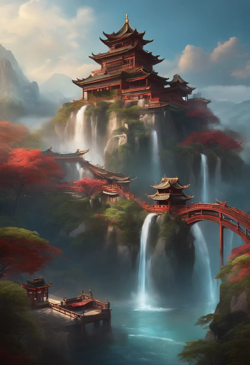 There are waterfalls in the mountains，Birds flying around, Floating Land in the Clouds, Onmyoji详细艺术, background artwork, Avatar Landscape, Background Art, Onmyoji, Cloud Palace, Game Background, Floating city in the clouds, Floating mountains, Chinese Fantasy, Temple Background, Floating and flying islands, Flying island in the sky, Island Background，author：Albert Bierstadt, Art Station, author：Kim Jang Yeol, author：Gao Yingxun, Cartographic, A top-down view，Beautiful Lights，wonderland，There are eight Chinese-style buildings in the distance，Tall and majestic Chinese architecture，Clouds，Penglai Immortal Island