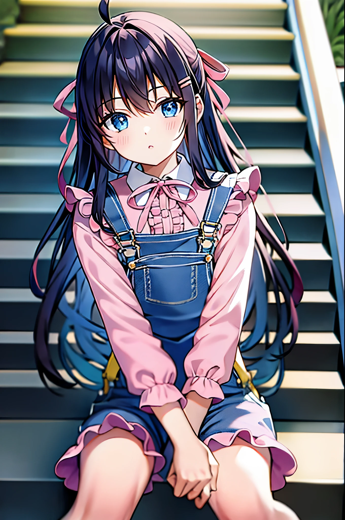 (((masterpiece))) (((highest quality))), (((beautiful))), (((8k))), (((High resolution))), (((Great illustrations))), (1 girl:1.3), (child:1.5), (In addition:1.2), (Dark blue straight long hair:1.3), (very long, Dark blue sideburns), (Very wide parted dark blue bangs:1.3), (Simple hair clip:1.4), (Ahoge:1.4), (Small blue eyes:1.2), (Slightly droopy eyes:1.3), (Ultra-flat chest:1.4), (Very small breasts:1.4), (Laughter:1.3),  (Cowboy Shot:1.3), (Stairs in the park:1.3), (Long sleeve), (Pink Overalls:1.6), (ribbon:1.5). (Frills:1.5), 