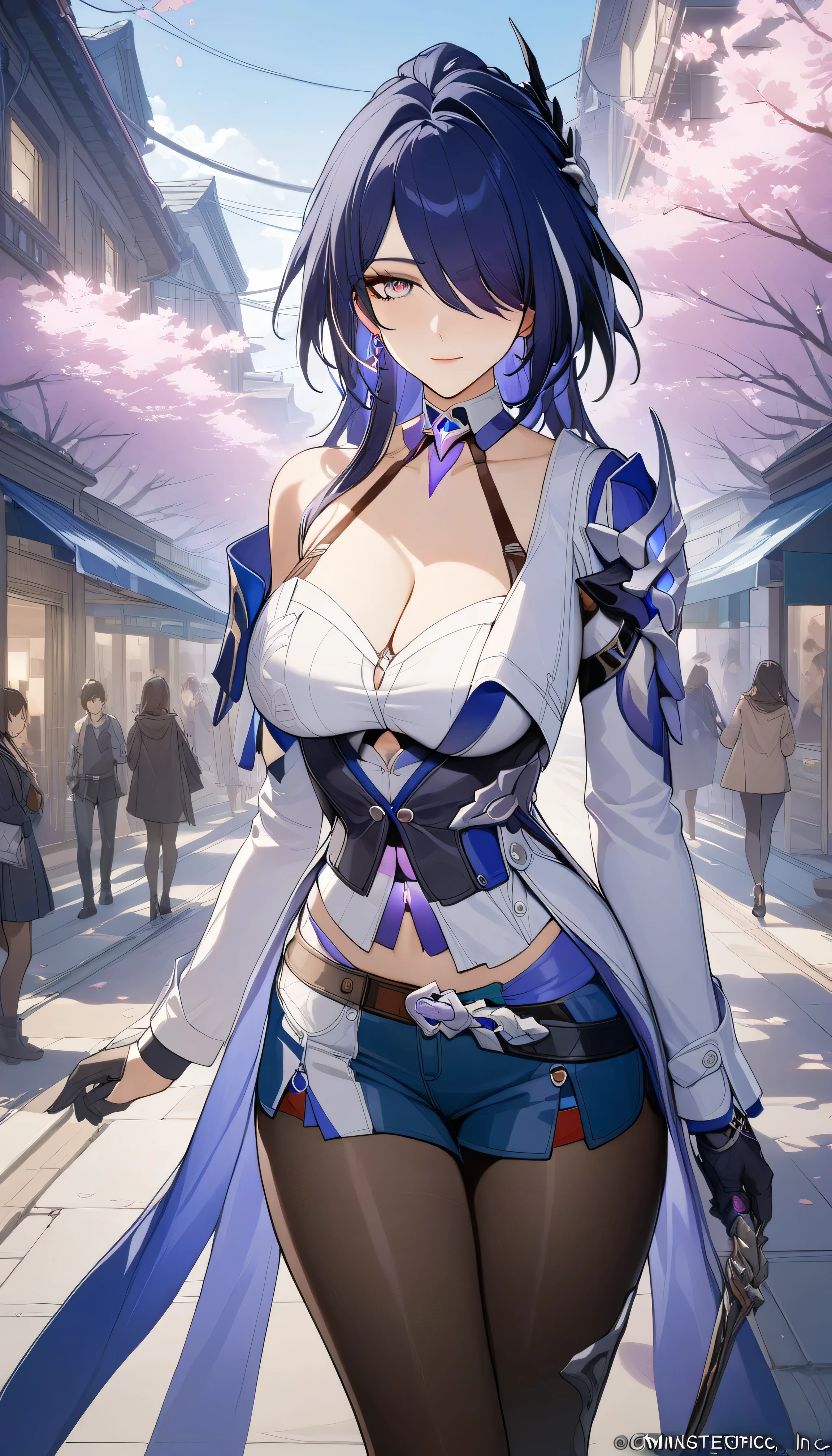 (masterpiece, top quality, best quality, official art, beautiful and aesthetic:1.2),(8k, best quality, masterpiece:1.2), (((masterpiece))),(((best quality))),(((extremely detailed))),illustration,who, (masterpiece, top quality, best quality, official art, beautiful and aesthetic:1.2),(8k, best quality, masterpiece:1.2), 1girl, acheron \(honkai: star rail\), solo, , white shirt, sweater, pleated skirt, pantyhose, light smile, looking at viewer, outdoors, street, cherry blossoms, petals, depth of field