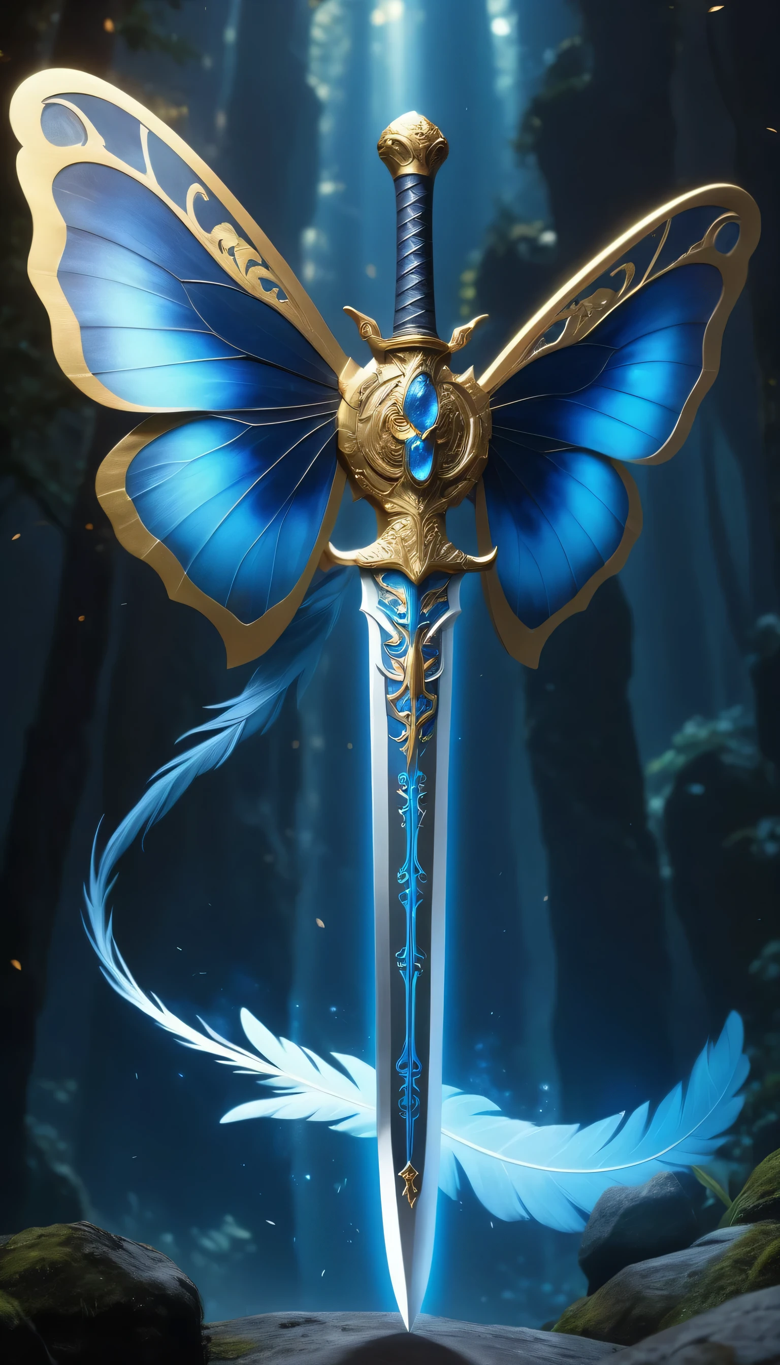(best quality,4k,highres,masterpiece:1.2),ultra-detailed,realistic,butterfly sword,floating meteor,ancient Chinese sword,shimmering blade,elaborate handle,ornate guard,symmetric design,graceful curves,exquisite craftsmanship,enchanting glow,strong contrast,shadows and highlights,rich textures,sparkling metal,gleaming gemstones,dimly lit scene,dramatic lighting,soft hues of blue and gold,atmospheric background,mythical atmosphere,ethereal beauty,legendary weapon,heroic tales,ancient martial arts,skilled warriors,feathery wings of the butterfly,gentle fluttering,clashing blades,spiraling meteors,awe-inspiring moment