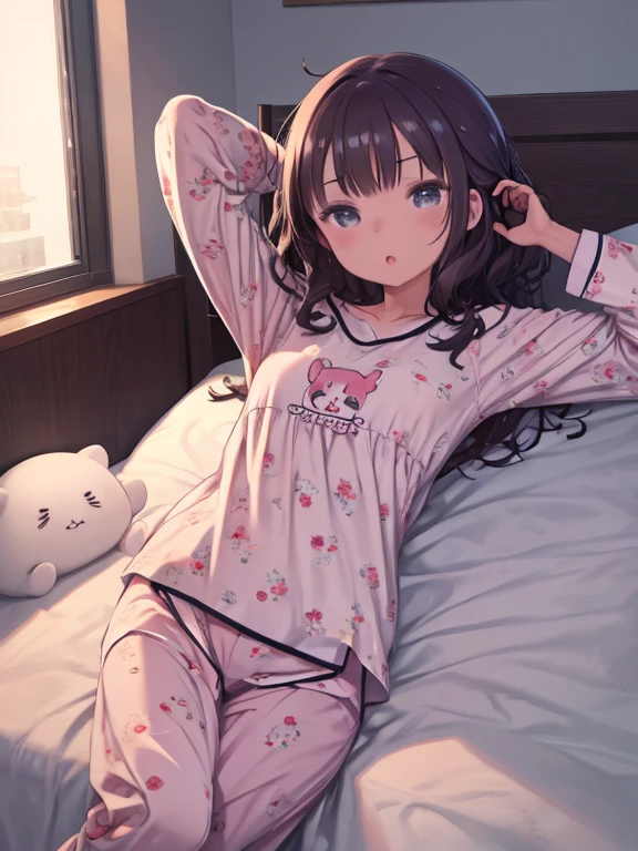 masterpiece、highest quality、High resolution、Very detailed、Medium wide shot、Cowboy Shot、Girl、morning、Waking up、wake up、Lying hair、Bouncy hair、((Sleepy eyes))、Close your mouth、波状Mouth、～Mouth、pajamas、Are standing、Cute character printed clothes、