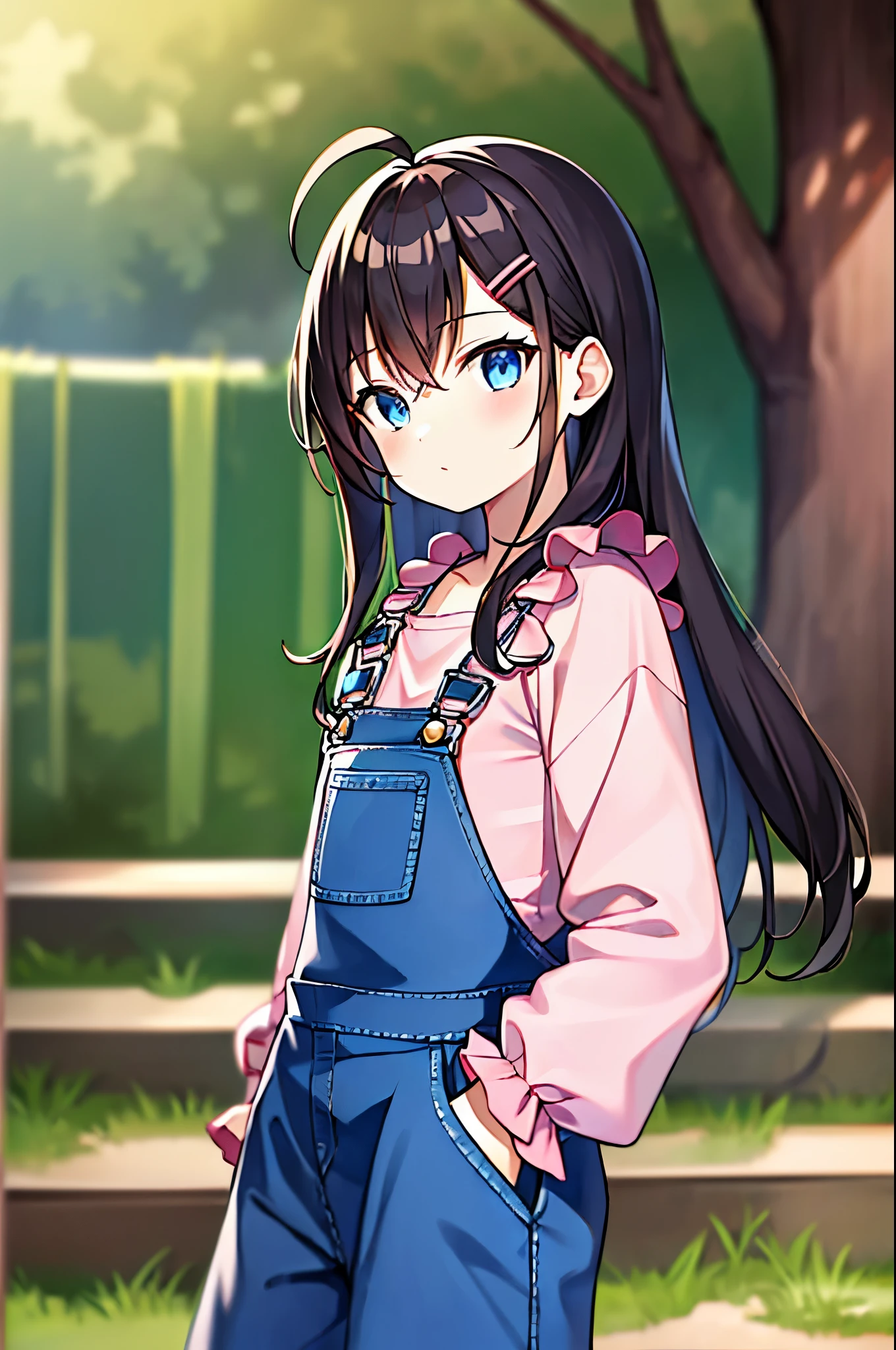 (((masterpiece))) (((highest quality))), (((beautiful))), (((8k))), (((High resolution))), (((Great illustrations))), (1 girl:1.3), (child:1.5), (In addition:1.2), (Dark blue straight long hair:1.3), (very long, Dark blue sideburns), (Very wide parted dark blue bangs:1.3), (Simple hair clip:1.4), (Ahoge:1.4), (Small blue eyes:1.2), (Slightly droopy eyes:1.3), (Ultra-flat chest:1.4), (Very small breasts:1.4), (Laughter:1.3), (Cowboy Shot:1.3), (Stairs in the park:1.3), (Long sleeve), (Pink Overalls:1.6), (ribbon:1.5). (Frills:1.5),