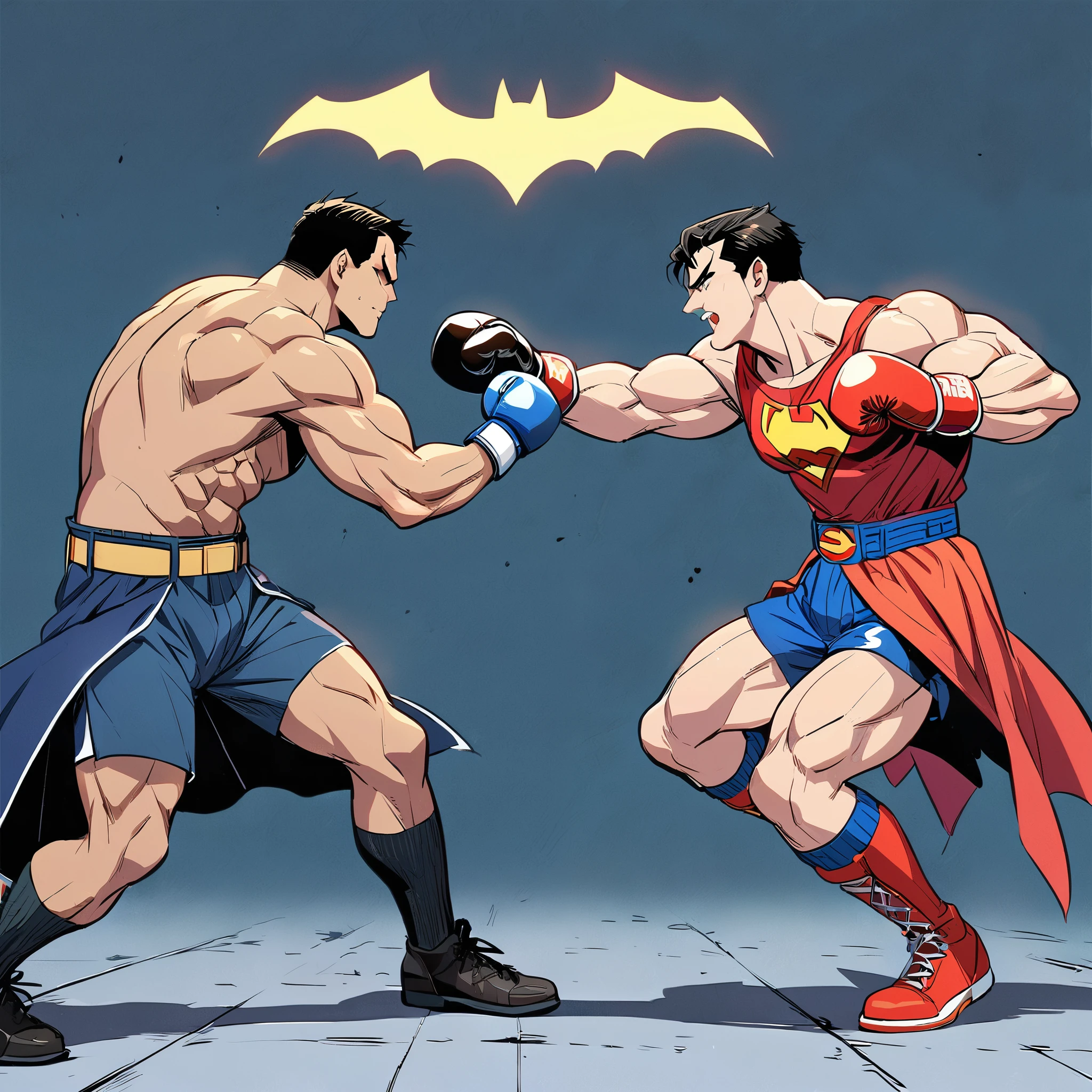 2 Men，（Batman and Superman boxing match:1.5、Background Arena、Boxing gloves），Muscle man，whole body