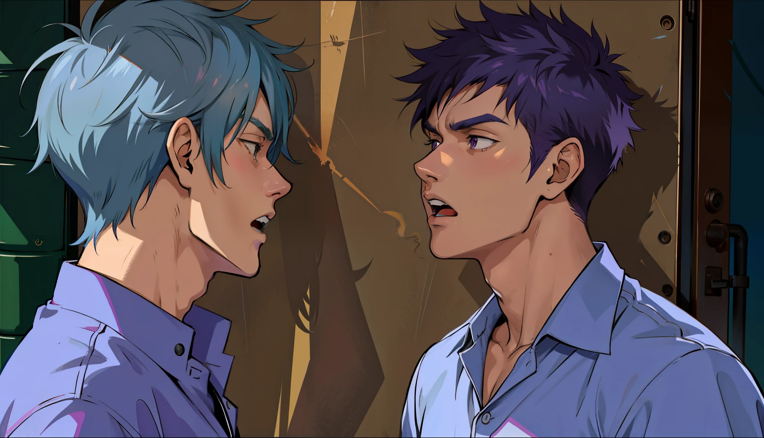 the two boys are arguing fighting they are angry they are yelling at each other teenage anime scene two handsome 16 year old boys with purple hair approach each other