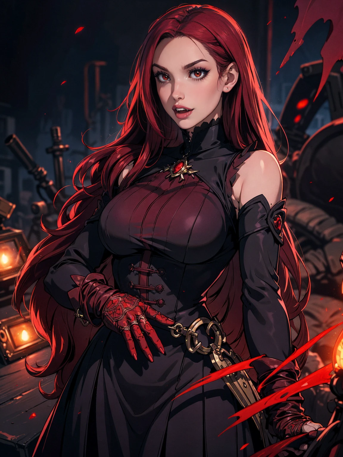 High vampire female, goth Renaissance, red hair, long hair, intricate, dark dress, glowing eyes, fantastical, vampire, fangs, hyper detailed, 32k resolution, volumetric lighting, hyper detailed, intricately detailed, Unreal Engine 5, volumetric lighting