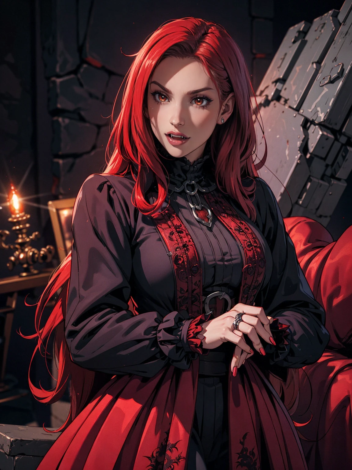 High vampire female, goth Renaissance, red hair, long hair, intricate, dark dress, glowing eyes, fantastical, vampire, fangs, hyper detailed, 32k resolution, volumetric lighting, hyper detailed, intricately detailed, Unreal Engine 5, volumetric lighting