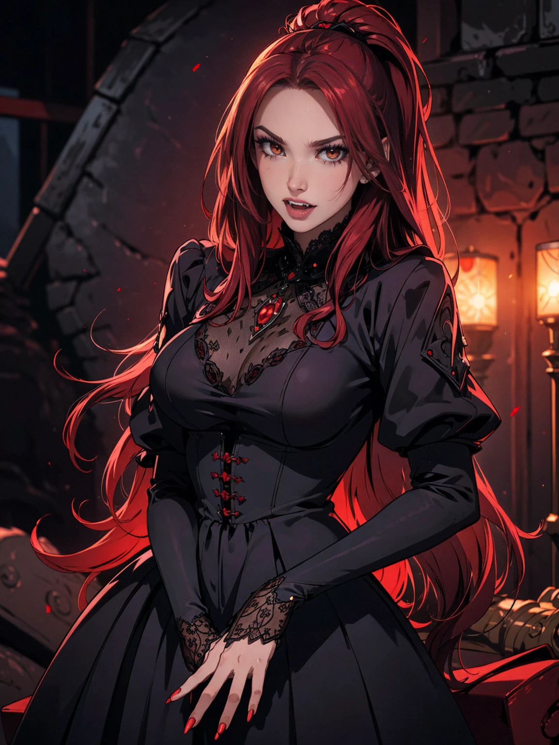 High vampire female, goth Renaissance, red hair, long hair, intricate, dark dress, glowing eyes, fantastical, vampire, fangs, hyper detailed, 32k resolution, volumetric lighting, hyper detailed, intricately detailed, Unreal Engine 5, volumetric lighting