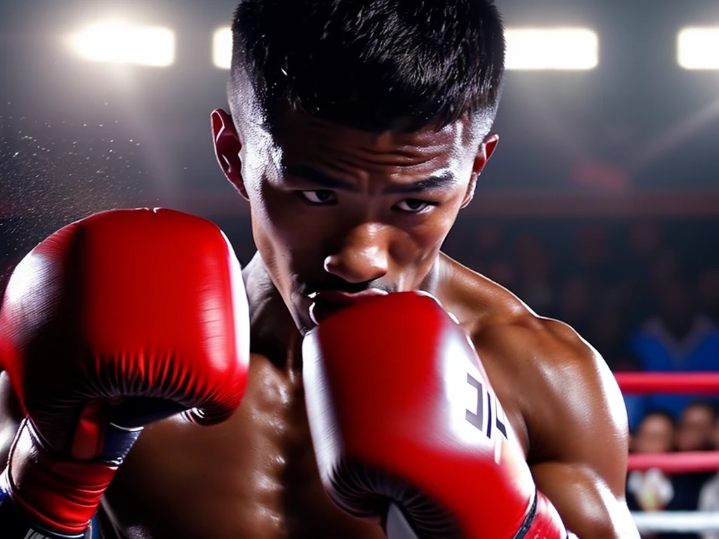 (highest quality、4K、High resolution、masterpiece:1.2)、Super detailed、Real、boxing match、(Strong cross straight)、Distorting face、Sweat flying、Mouthpiece、corner、On the verge of collapse