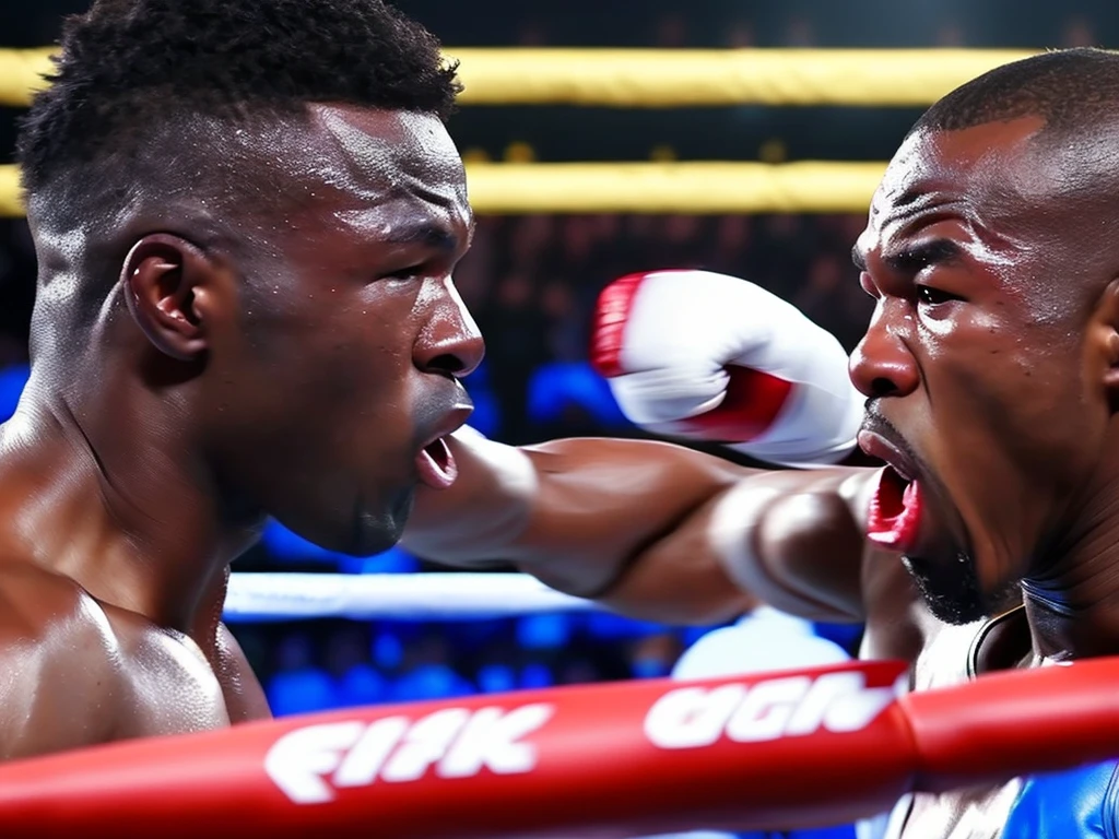 (highest quality、4K、High resolution、masterpiece:1.2)、Super detailed、Real、boxing match、（Strong cross straight）、Distorting face、Sweat flying、Mouthpiece、corner、On the verge of collapse