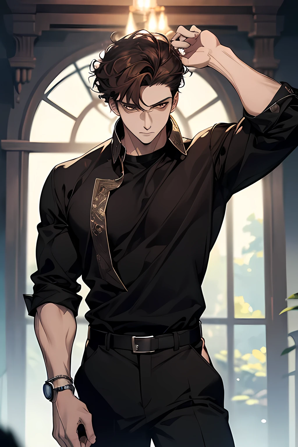 (best quality, masterpiece, anime), 25year old, brown curly hair, brown eyes, mature man wearing black shirt, whitish pant, strong and tall, black watch in right hand, silver bracelet in left hand killing one with a tap to the head, 4k, best quality, looking at viewer, (detailed eyes, eyes extremely detailed, half-body:0.6)