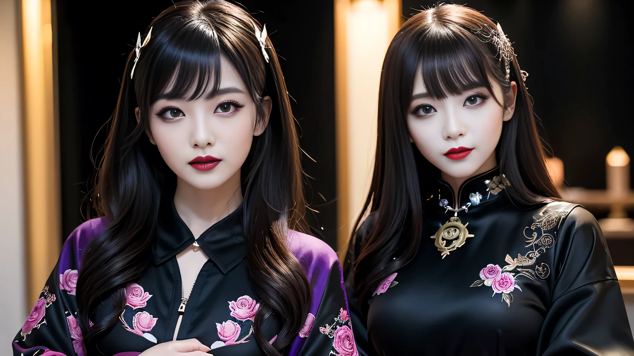 best quality、ultra-detailed、4k、Japanese、Seductive beauty、seductive adult woman、Pretty Woman、cool girl、Villainess、brainwash、Fallen into evil、smirk、Evil look、Wicked Smile、evil、Brown hair、wavy hair、swept bangs、Butterfly Hair Ornament、dark makeup、dark makeup、piercing eyes、hollow eyes,half-closed eyes、Hollow Eyes、Purple Eyeshadow、black lipstick、black lipglos、Long Black Cheongsam、Wide sleeves、night、inside darkroom、Having lipstick、Engraving a rose pattern、Emblem of Evil、Crest of Darkness、Swear allegiance、I have pledged my allegiance、Dye black、Blackening、Stained with evil、Dyed in darkness、Open your arms