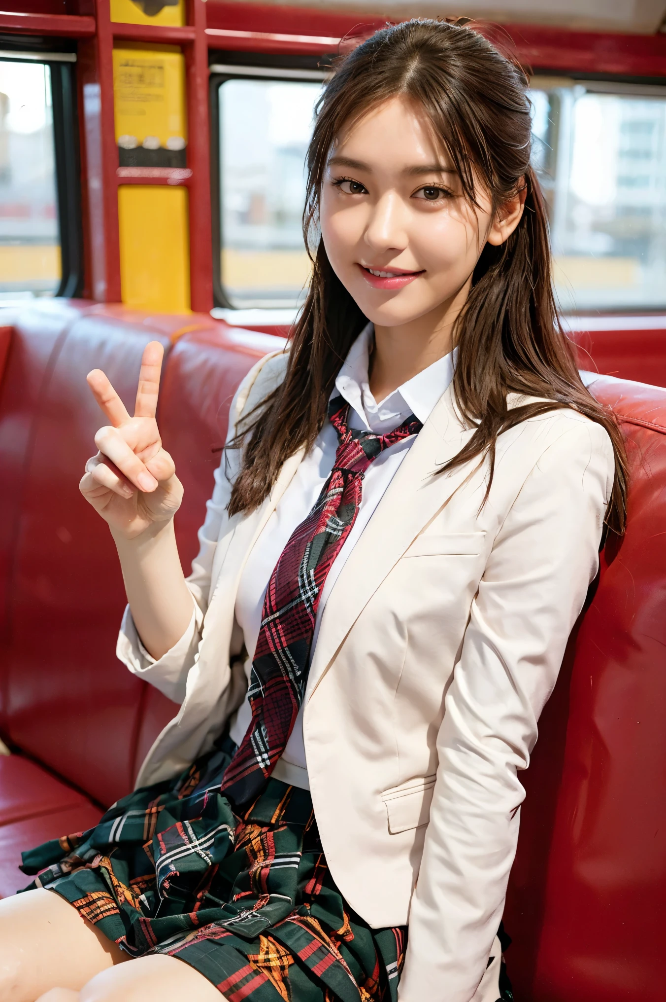 (8k), (highest quality: 1.2), (Realistic), (Realistic: 1.37), Ultra-high resolution, 1 girl, cute, smile, Mouth closed, Beautiful details, Beautiful Nose, Wet Hair, Giant Dulcefo, pork, Thighs，Self Snap,University uniform,Sitting on a train in Tokyo,A simple blazer,Pleated skirt,(The pattern of the skirt and tie is a tartan check pattern...:1.3),Crossing your legs, From above,Thighs