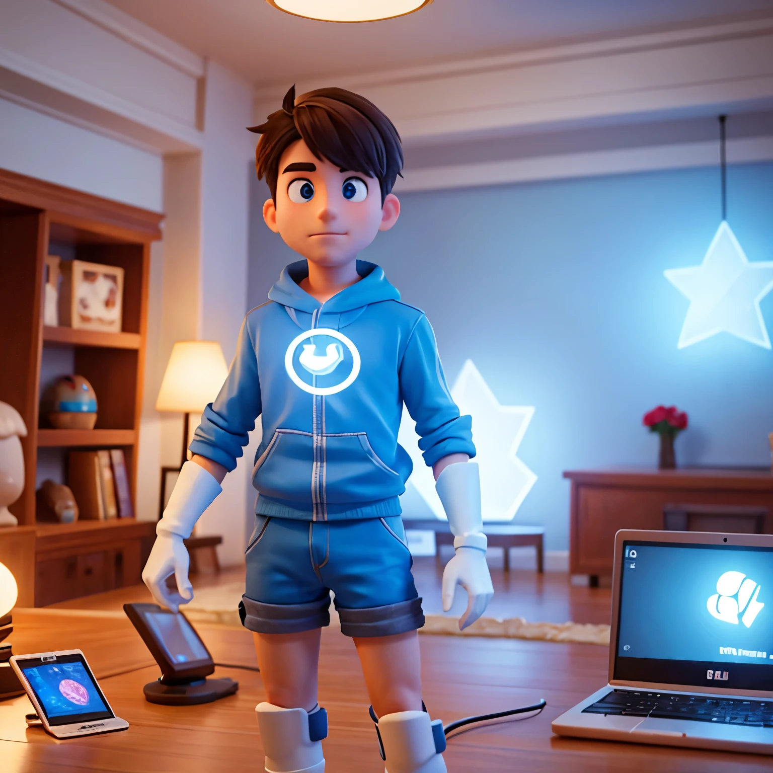 Cartoon of a ice cap male gamer in a room with light led, standing in the middle of the picture with a laptop face to him