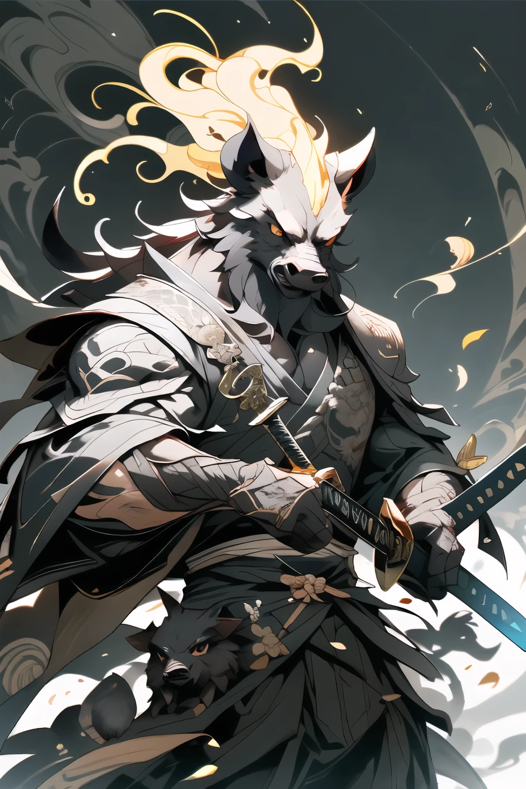 Black Boar, (close-up :1.1), Upper body, Weapon, Black boar head, Male focus, sword, single, Japanese costume, Hand held, hand held weapon, katana, Hand held Sword, sheath, Long sleeve, number suit, Kimono, suit... Construction background