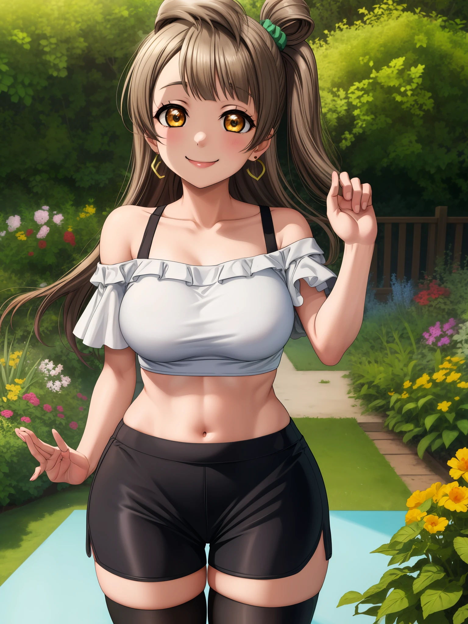 Masterpiece, best quality,solo, (detailed face), minami kotori, curvy body, sexy smile ,(yoga shorts:1.2),earrings, off shoulder crop top,in garden, cowboy shot, thighs, thighhighs