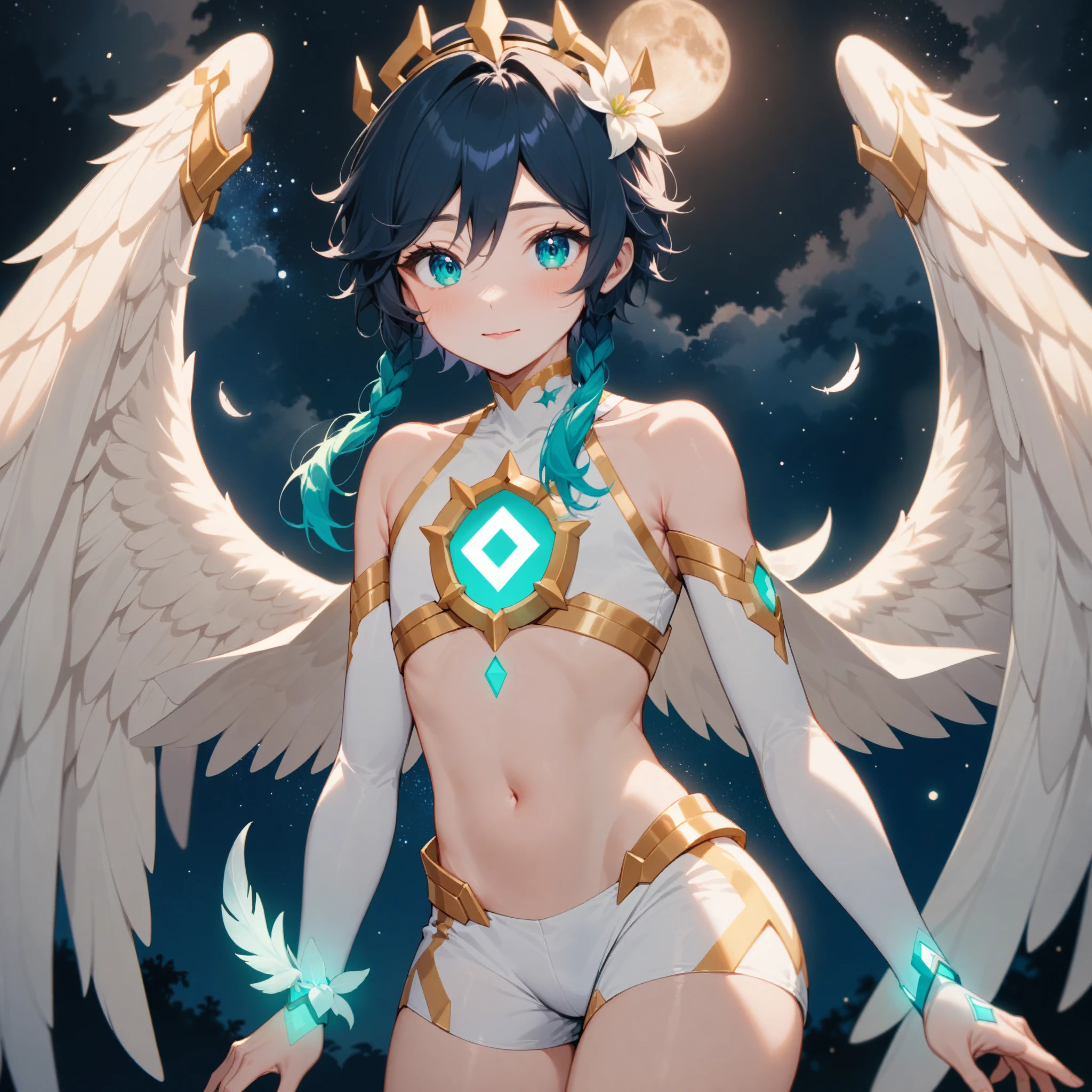 masterpiece,best quality,very aesthetic,absurdres,1boy,venti_/(archon/)_/(genshin_impact/),male_focus,detailed_eyes,(gnns:0.25),white feathered_wings,white halter_top,white shorts,hair_flower,midriff,black blue hair gradient,dsmile,((flat chest)),starry_sky,moon,starry_sky_print,((green eyes)),feathers,divine,detailed_eyes,long_eyelashes,pink_lips,glossy lips,narrow_waist,wide_hips