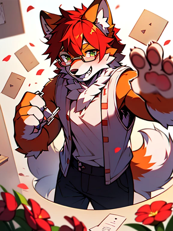 wear glasses,All over the body is red hair, Male wolf,short hair, Bright Eyes,The eyes are gray，The tip of the tail is white，Meatballs Pink,hairy,hairy male ,Flower charcoal,(Body hair, hairy尾巴, Red fur,),Long canine teeth，浑身hairy的，Scattered paper，Scattered paper floated in the air，charming，Shota，writing，permanent，writer&#39;Clothes，Starlight，Star，moonlight，Glittering，Hold a pen，Show paws，Facial expression expectations，Do not expose your body or the area below the knees
