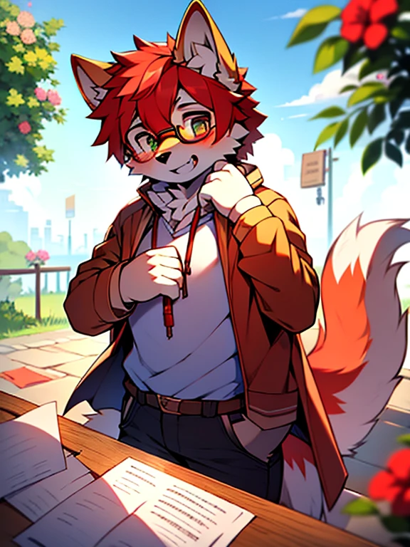 wear glasses,All over the body is red hair, Male wolf,short hair, Bright Eyes,The eyes are gray，The tip of the tail is white，Meatballs Pink,hairy,hairy male ,Flower charcoal,(Body hair, hairy尾巴, Red fur,),Long canine teeth，浑身hairy的，Scattered paper，Scattered paper floated in the air，charming，Shota，writing，permanent，writer&#39;Clothes，Starlight，Star，moonlight，Glittering，Hold a pen，Show paws，Facial expression expectations，Do not expose your body or the area below the knees
