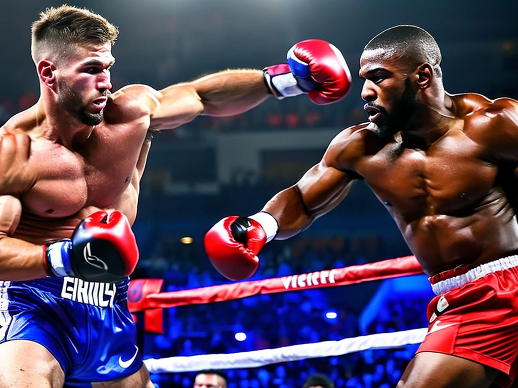 dramatic lighting, intense action, sports, spectators, boxing ring, powerful punches, sweat, adrenaline, competitive atmosphere, professional athletes, knockout moments, dynamic movements, focused expressions, victory celebration, determination, championship belt, referee, boxing gloves, coach, cornerman, boxing shorts, mouthguard, boxing shoes, boxing technique, precision strikes, strategy, speed and power, agility, physical fitness, muscular physique, boxing arena, roaring crowd, cheering fans, live broadcast, intense anticipation