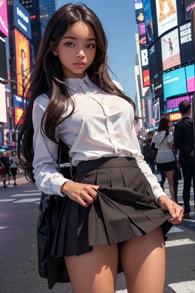 Photorealistic,masterpiece, best quality,ultra-detailed ,american girl,18yo,black people,((she lift her skirt and shows her panties)),She takes great pleasure in showing off her panties to viewer,skirt lift,newyork fashion,brown ombre hair,small breast,very happy,outdoor,united states,newyork,Times Square,