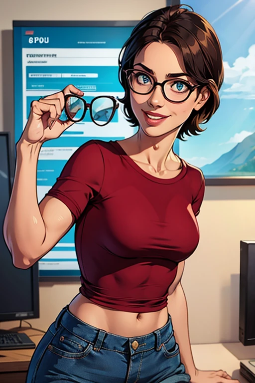 1 garota, rounded glasses, big eyeglasses, sorridente, looking at the camera, short messy hair, pele escura, olhos arredondados, camisa azul ciano, shorts pretos, fechar-se, foto de revista, dynamic pose