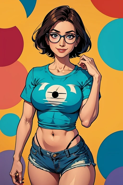1 garota, rounded glasses, big eyeglasses, sorridente, looking at the camera, short messy hair, pele escura, olhos arredondados, camisa azul ciano, shorts pretos, fechar-se, foto de revista, dynamic pose