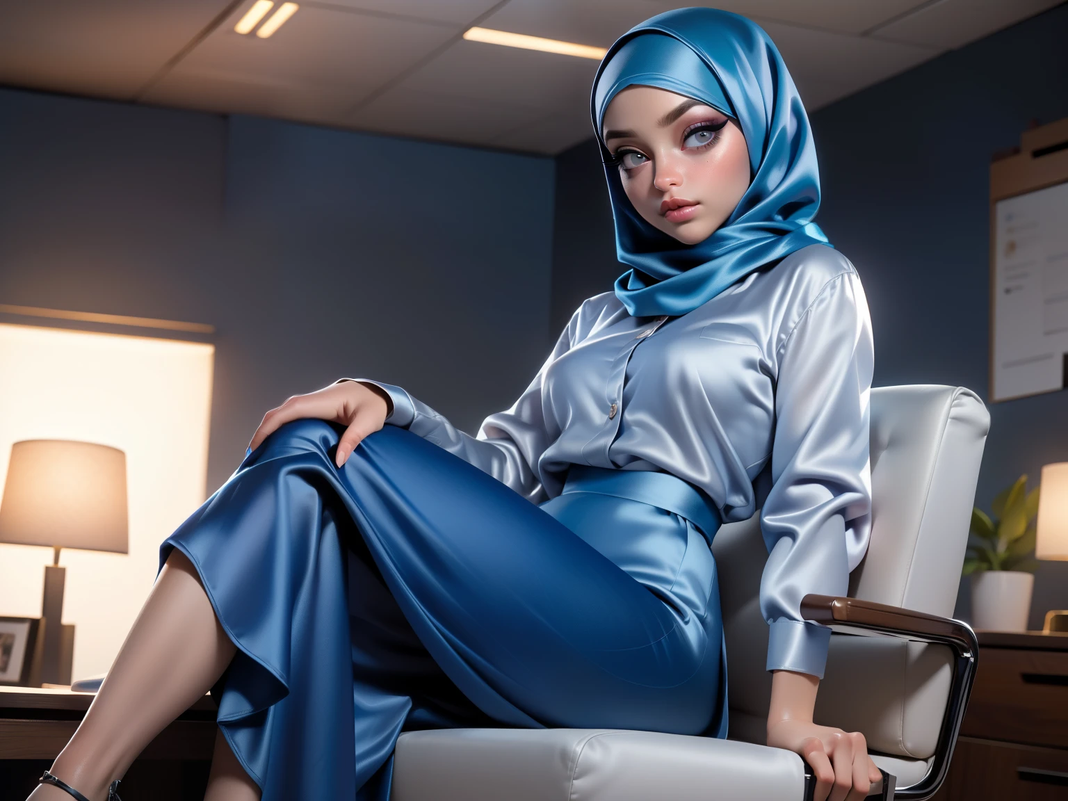 ((Masterpiece, best quality, photography, detailed skin, realistic, photo-realistic, 8k, highly detailed, full length frame, High detail RAW color art, diffused soft lighting, shallow depth of field, sharp focus, hyperrealism, cinematic lighting, hijab, a woman in a beautifully makeup, smokey eyeshadow, beautiful big eyes, long eye lashes, wearing (Dark blue satin hijab), loosely tide hijab style, ((gray satin shirt)), satin long maxi skirt, sitting on office chair, cross legs