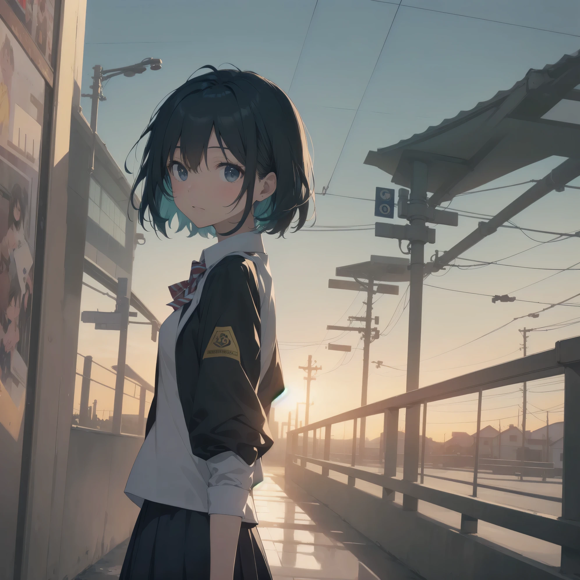 ultra-absurdres-Top quality by artist God, ultra-detailed, high resolution, anime moe artstyle, best anime 8k konachan wallpaper, pixiv contest winner, pool:2810, perfect anatomy,break, 1girl, (Please draw a girl walking sleepily to school alone. )break,(Solo,little female, 13-year-old:1.3),Full limbs, complete fingers,a junior high school student, (very short hair), short cut, flat chest, , small butt, small black eyes, beautiful detailed eyes, well-proportioned iris and pupils, expressive eyes, highres detailed hair, soft expression, school_uniform, bowtie, collared shirt. pleated skirt,(Detailed Lighting), (Detailed background), in the School commute route. break,super detailed skin, Best cinematic lighting powered by famous artist, 8k,beauty illustration,photoshop_(medium),very aesthetic,break,((artist:ningen mame )), artist:bolze ,artist:oyari ashito ,artist:kantoku ,