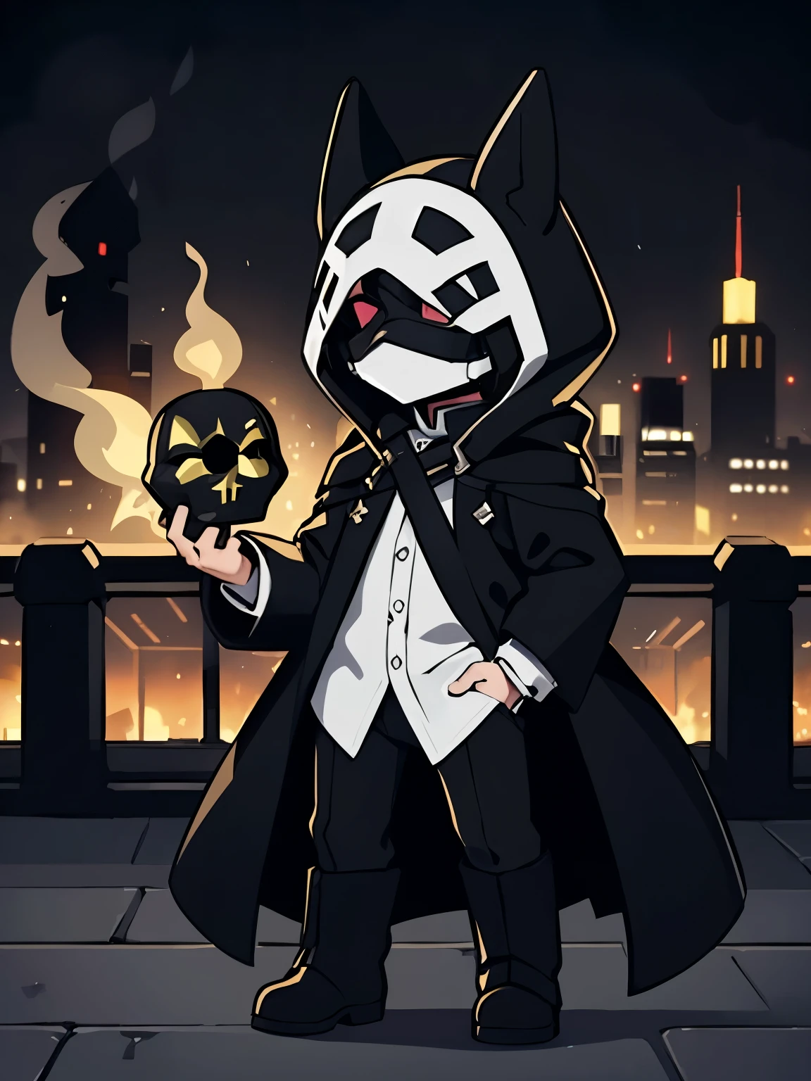 A man wearing a plague mask, a white shirt under a shiny black long coat, shiny black long boots, and a square bomb in his hand, with a city background and green smoke billowing all around