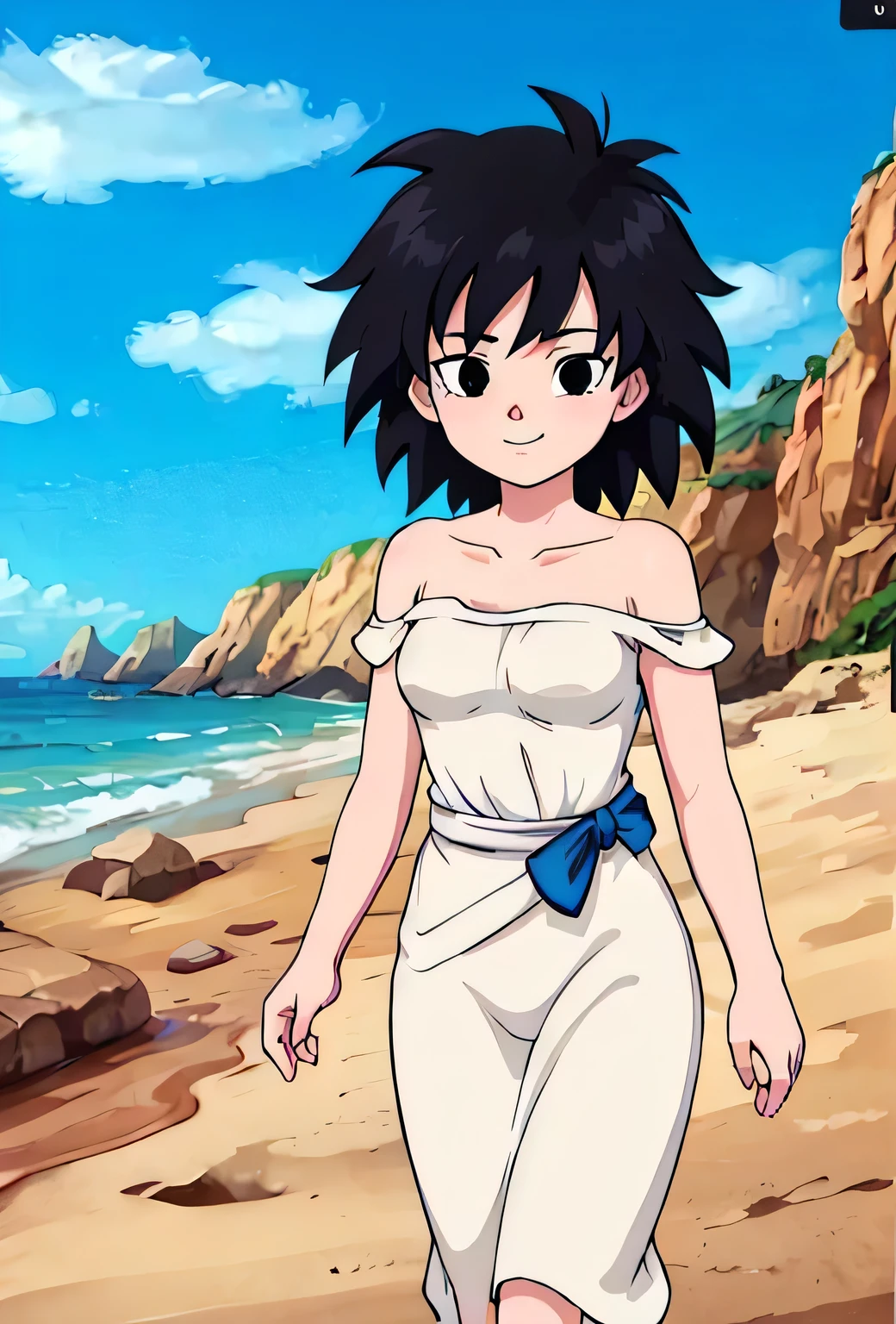 anime screencap, masterpiece, best quality, highres, outdoors, small breasts, gine, spiky black hair, 1 girl, Solo, Black Eyes, Good hands are down, Smile, Blushing, Bare Neck, Bare Shoulders, strapless, White Ruffle Off-the-Shoulder attire maxi dress. Cowboy shot. A landscape of the beach, sea, blue skies, sand beach. In the center. Walking on the beach with bare feets. Far from the bottom, looking at viewers