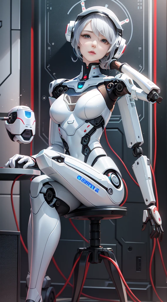 Realism, a woman in white lace (lace, full robot suit: 1.55) (sitting table: 1.5) (body turn to viewer: 1.2), (head to left: 1.8), (cross legs: 1.4), gray hair, cyborg, robot parts, beautiful and detailed body and face, sakimichan hdri, amouranth, beautiful and detailed orixa, 2049, chiaki nanami, african futuristic, made in maya, sam yang, 2070, cyborg, robot part, 150mm, beautiful studio soft light, edge light, vibrant details, luxurious cyberpunk, lace, surrealism, anatomy, facial muscles, cable wire, microchip, elegant, beautiful background, octane rendering, 8k, best quality, masterpiece, illustration, very refined and beautiful, very detailed, CG, unified, wallpaper, (realistic, Realism: 1.37), stunning, fine details, masterpiece, best quality, official art, very detailed CG unified 8k wallpaper, ridiculous, incredibly ridiculous, robot, silver helmet, (full body: 1.4), sitting, (nsfw: 1.2),