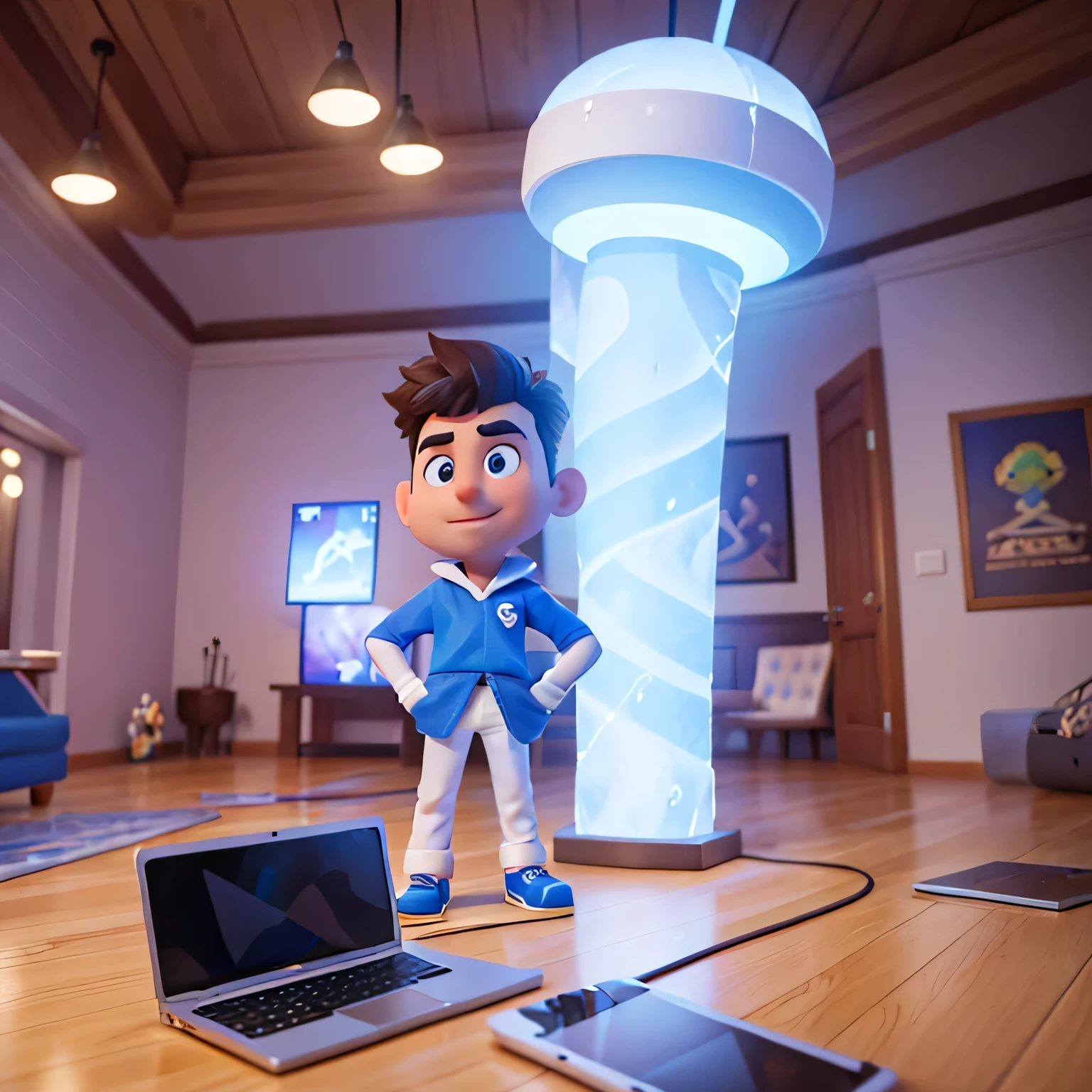 4k, Cartoon of a ice cap male gamer in a room with light led, standing in the middle of the picture with a laptop face to him