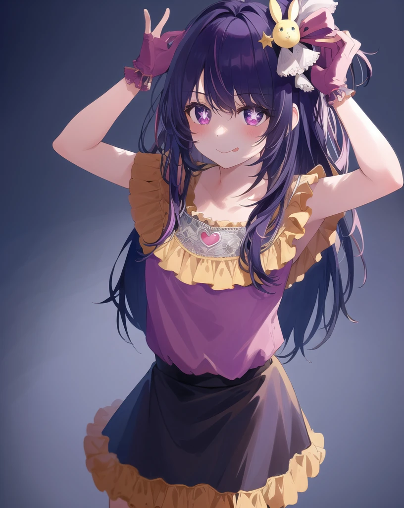 1girl, full body, cowboy shot,
(Rembrandt), illustration, (masterpiece), (best quality), (ultra_detailed), finely detail, (Depth of field),
HshinoAi,gloves, tongue out, tongue, long hair, star \(symbol\), looking at viewer, (purple hair:1.2), purple eyes, upper body, hair ornament, :p, frills, pink shirt, smile, sleeveless, shirt, idol, symbol-shaped pupils, hands up, bangs, one side up, star-shaped pupils, arms up,
dress pull,
Roaring Twenties, isometric, from above, sky, flower, cliff,
