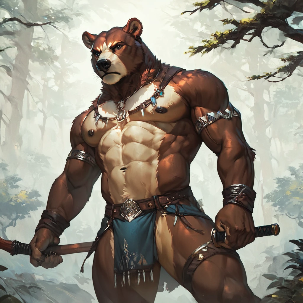 score_9, score_8_up, score_7_up, score_6_up, score_5_up, score_4_up, (solo), male anthro bear, forest background, loincloth, serious, warrior, masculine pose