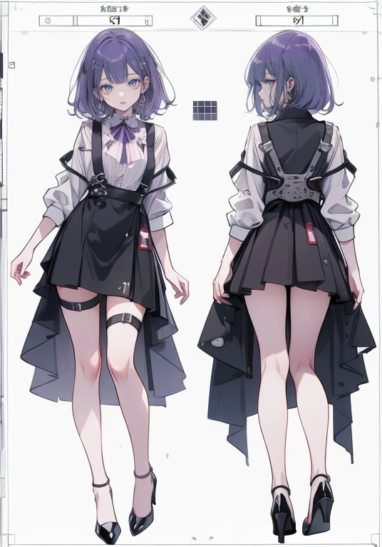 Purple Hair,Shortcuts,Adult female,bartender,((Body Harness)),((Rolling up his sleevesYshirt)),High heels,,((Simple Background)),smile,((Full Body)),((full body)),((whole body)),Character Sheet,upright,,Both arms hanging straight down