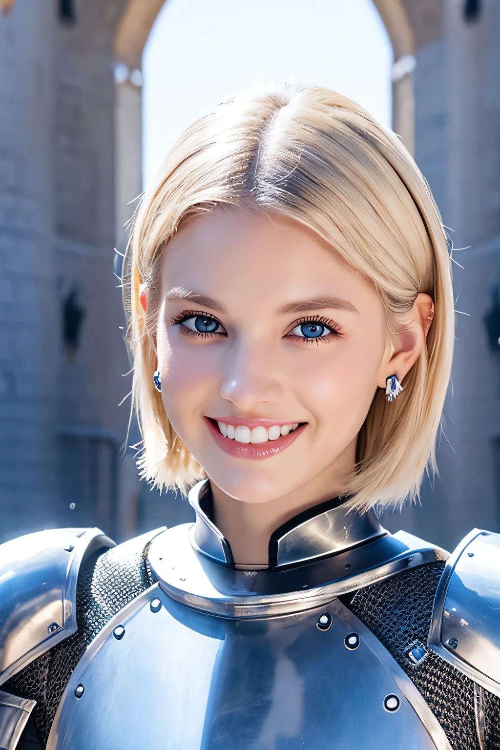 8K、highest quality、female knight、Luxurious Silver Armor、、hairstyle short cut、smile、beautiful teeth、full body photo、ear piercing、blonde、white woman、blue eyes、heavy makeup、The background is inside the castle