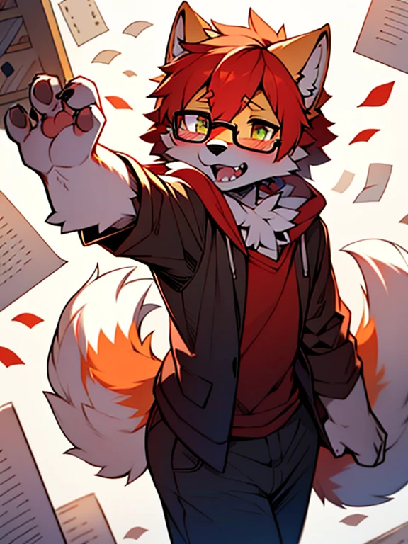 wear glasses,Red hair all over, Male wolf,short hair, Bright Eyes,The eyes are gray，The tip of the tail is white，Meatballs Pink,hairy,hairy male ,Flower charcoal,(Body hair, hairy尾巴, Red fur,),Long canine teeth，浑身hairy的，Scattered paper，Scattered paper floated in the air，charming，Shota，writing，Everlasting，writer&#39;clothing，Starlight，Star，moonlight，sparkling，Hold the pen，Show paws，Facial expression expectations，Do not expose your body or area below the knees
