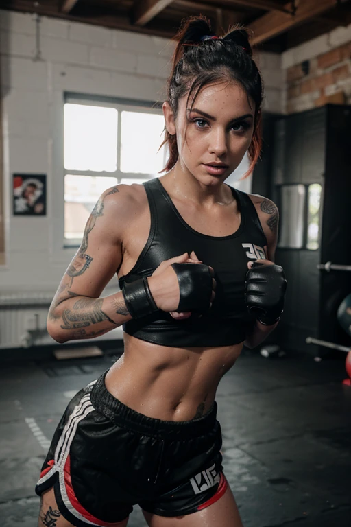 Saraya Bevis Paige slim short haired tattooed girl in boxing gear boxing shorts boxing gloves hung over shoulder wet sports bra sweaty leaning forward toward viewer cleavage eye contact teasing pigtails