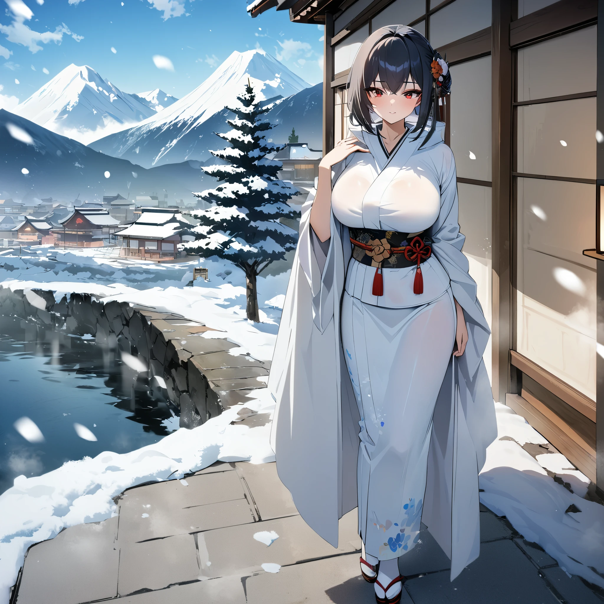 A woman wearing a traditional white Yukata, yukata with white and red flower details, Japanese shoes, with a white belle cape, long black hair, red eyes, large breasts, standing on a concrete sidewalk, snowing place, winter weather , traditional Japanese houses in the background, trees covered in ice, mountain covered in ice in the background, blue sky with clouds,ultra resolution, sharp, masterpiece, 8K HD (solo woman)