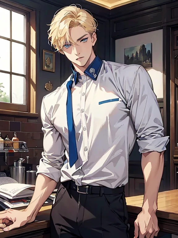 (1 man), solo, detailed eyes, {{{masterpiece}}}, {{{best quality}}}, {{ultra-detailed}}, {illustration}, {detailed eyes}, {detailed light}, {waist up}, subject: [1 male, 30 years old, solo, adult, tall, very handsome, popular, hair (short, blonde), blue eyes, slightly muscular], modern attire (casual clothes, comfortable clothing)