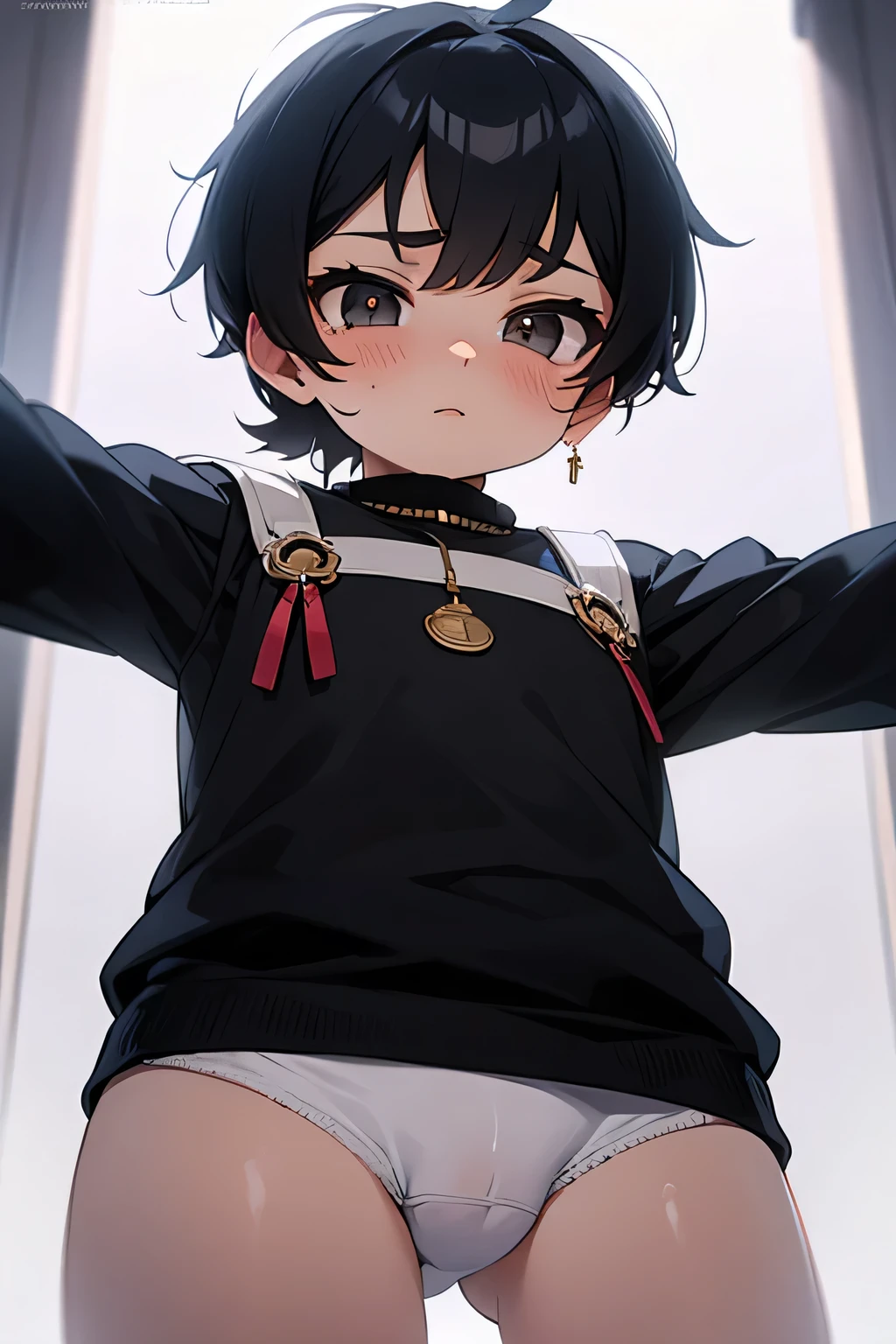 (a beautiful , detailed 10 year old boy with black boy hair and black eyes, con un vestido, avergonzado, con pectorales, con la cara manchada de crema, de frente, (Escena cute), (mejor calidad:1.2), (vivid colors), (Soft lighting) (se ve como un chico) (lleva calzones lindos) (cute)