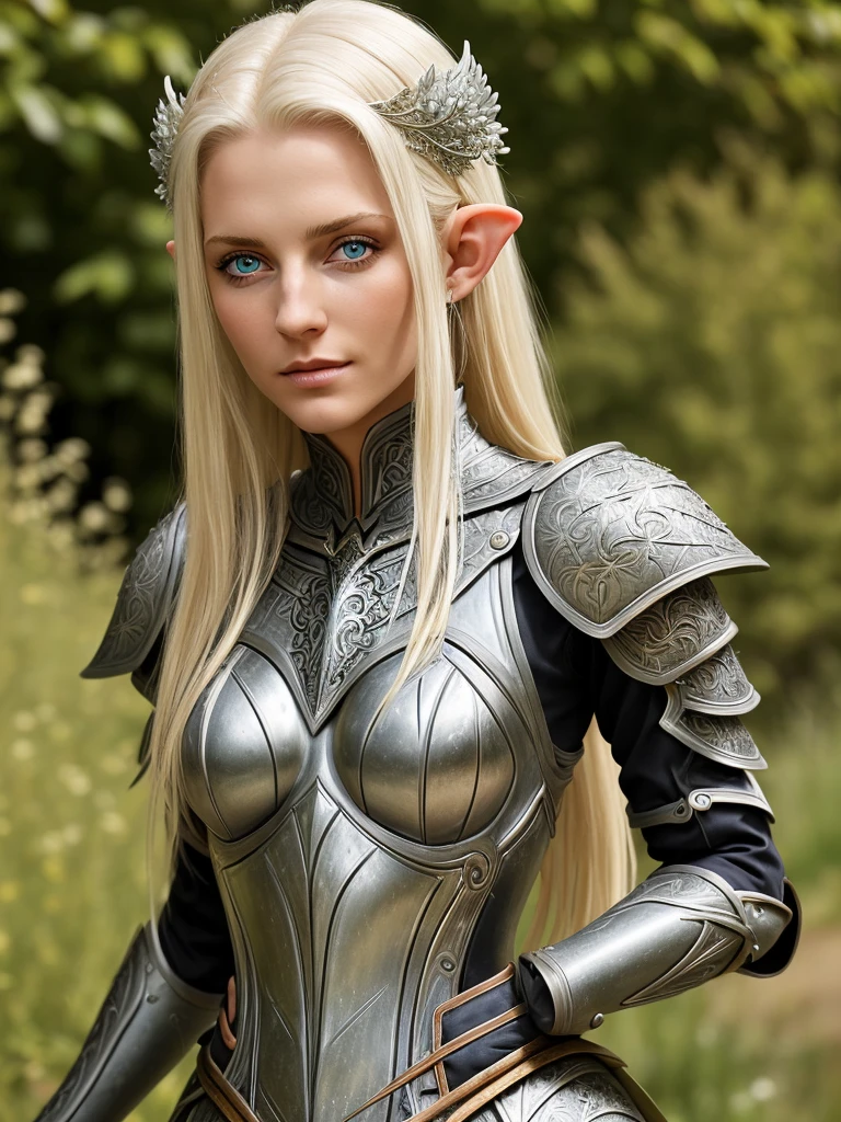 Meisterwerk, a beautiful elf knight (Adriana Malkova:1.0), strahlende Augen, blondes Haar, breite Schultern, strong body, Detailreiche blasse Haut mit leichten Sommersprossen, Hochdetaillierte, filigree elven armor, outside, (Hauttextur:1.1), best quality, ultra high resolution, RAW-Foto, Nikon D850, Hintergrundbeleuchtung, Felgenlicht, helles Sonnenlicht, Filmkorn:1.2, (warmer Farbton, Warmer ton:1.2), (Farbfoto), Fantasielandschaftshintergrund